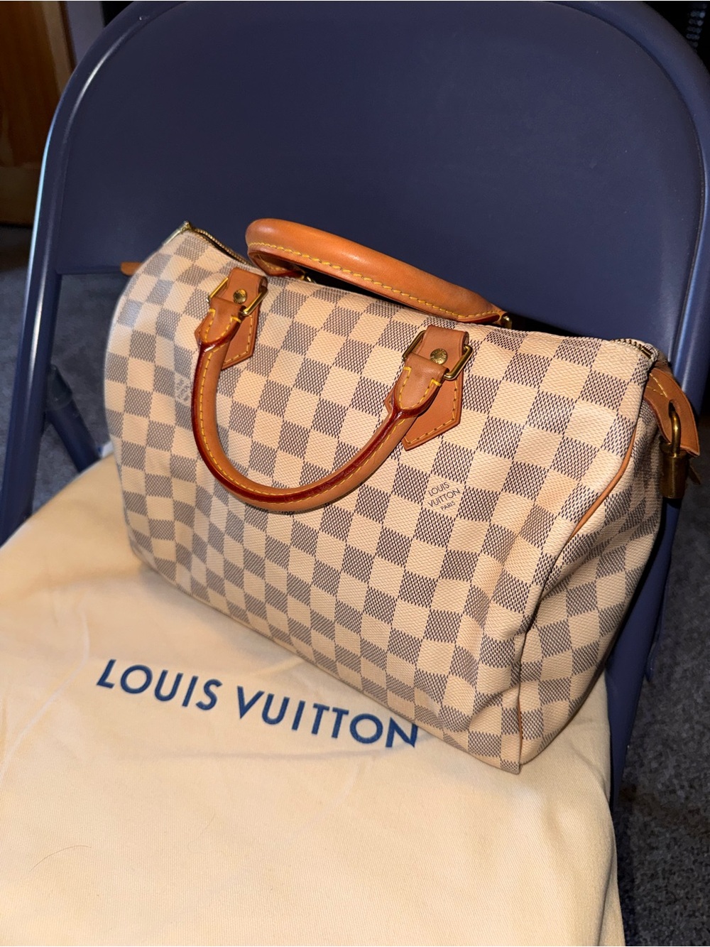 Louis Vuitton Damier Azur Speedy 30 Satchel in Cream and Tan with Gold Hardware